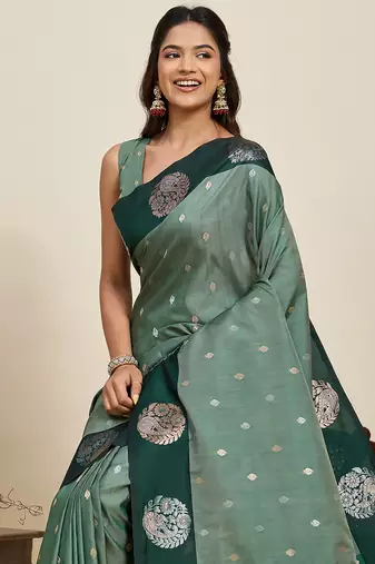 green banarasi soft art silk saree with gold silver zari border