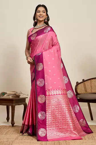 pink banarasi zari woven soft art silk saree with rich pallu