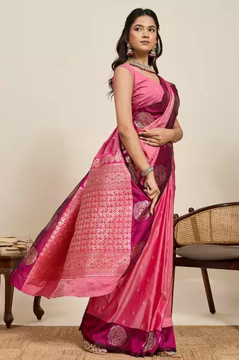 pink banarasi zari woven soft art silk saree with rich pallu