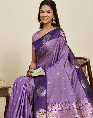 purple traditional banarasi zari soft art silk saree with blouse 4