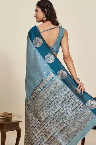 teal traditional banarasi zari soft art silk saree with blouse