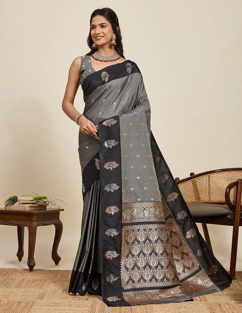 black banarasi zari woven soft art silk traditional saree with blouse