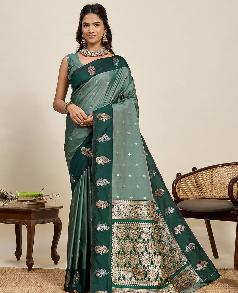 green soft art silk banarasi zari weaving saree with rich contrast pallu
