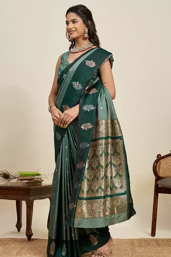 green soft art silk banarasi zari weaving saree with rich contrast pallu