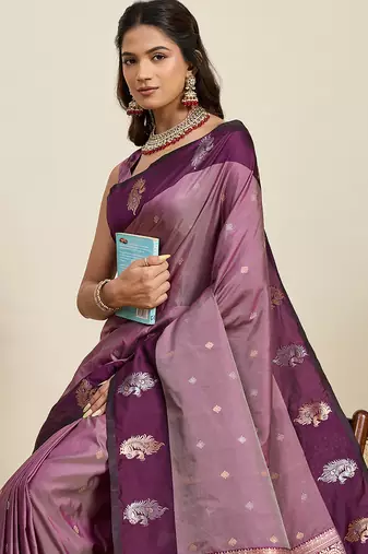 magenta banarasi art silk zari woven traditional saree for festival wear