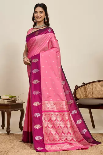 pink soft art silk saree with gold silver zari border and designer pallu
