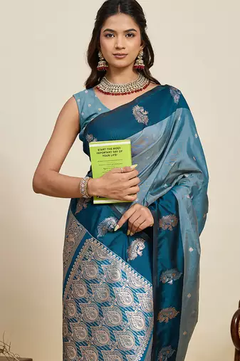 teal banarasi zari work soft art silk saree for wedding and functions