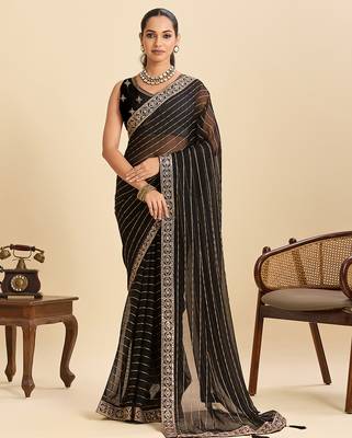 black sequin embroidered georgette fancy saree with designer lace border 1