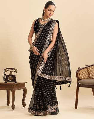 black sequin embroidered georgette fancy saree with designer lace border 3