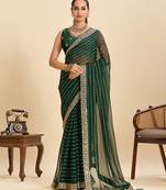green embroidered georgette fancy saree with striped body and heavy pallu