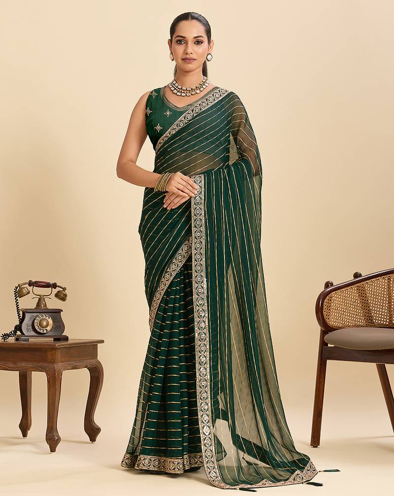 green embroidered georgette fancy saree with striped body and heavy pallu