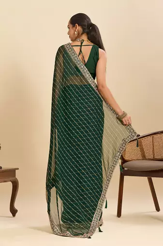 green embroidered georgette fancy saree with striped body and heavy pallu