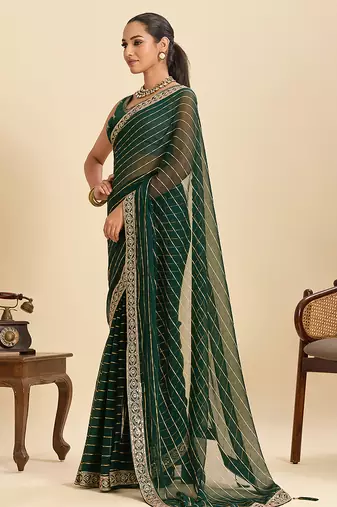 green embroidered georgette fancy saree with striped body and heavy pallu
