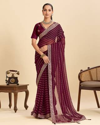 maroon fancy georgette saree with sequin work and elegant lace border 1