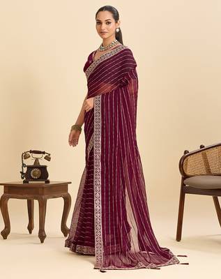 maroon fancy georgette saree with sequin work and elegant lace border 3