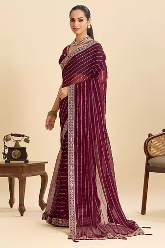 maroon fancy georgette saree with sequin work and elegant lace border