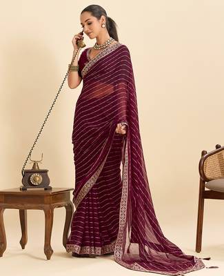 maroon fancy georgette saree with sequin work and elegant lace border 4