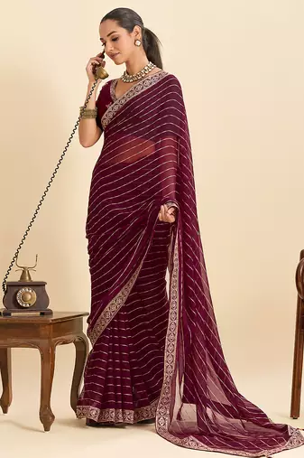 maroon fancy georgette saree with sequin work and elegant lace border
