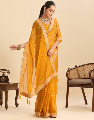 mustard party wear georgette fancy saree with embroidery and designer pallu 4