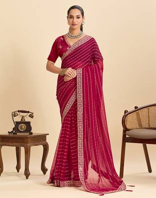 dark pink georgette fancy saree with sequin work and stylish border design 1