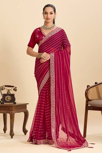 dark pink georgette fancy saree with sequin work and stylish border design