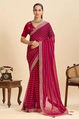 dark pink georgette fancy saree with sequin work and stylish border design