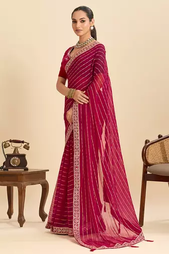 dark pink georgette fancy saree with sequin work and stylish border design