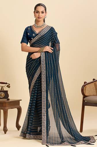 teal georgette fancy saree with sequin work and stylish border design