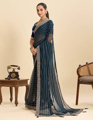 teal georgette fancy saree with sequin work and stylish border design 3