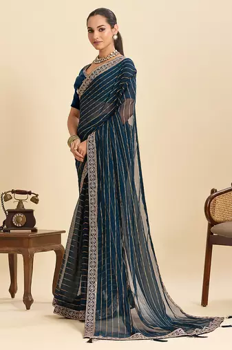 teal georgette fancy saree with sequin work and stylish border design