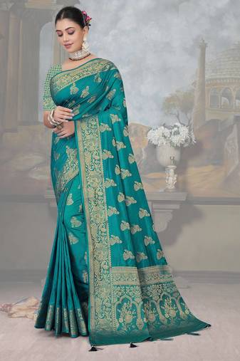 Teal Blue Dola Art Silk Saree with Rich Zari Woven Work & Traditional Border | Unstitched Blouse Included by Maharanga