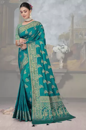 Teal Blue Dola Art Silk Saree with Rich Zari Woven Work & Traditional Border | Unstitched Blouse Included by Maharanga