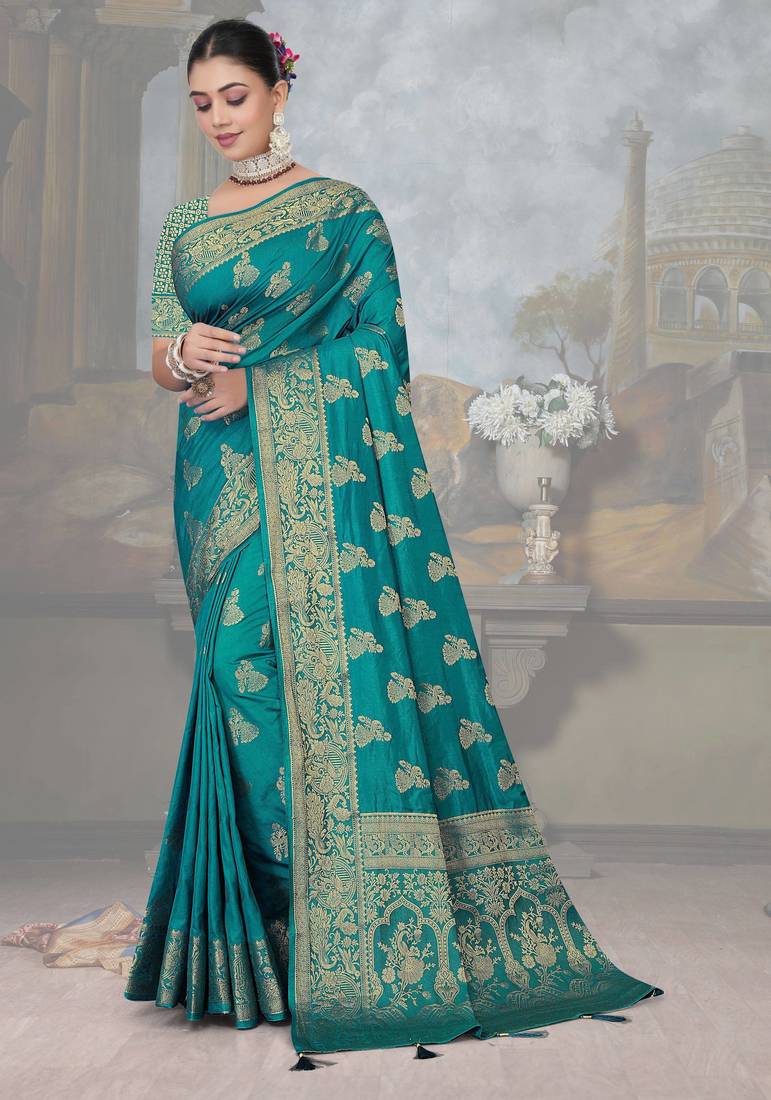 Teal Blue Dola Art Silk Saree with Rich Zari Woven Work & Traditional Border | Unstitched Blouse Included by Maharanga