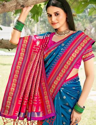 blue soft silk blend woven work women's beautiful saree 2