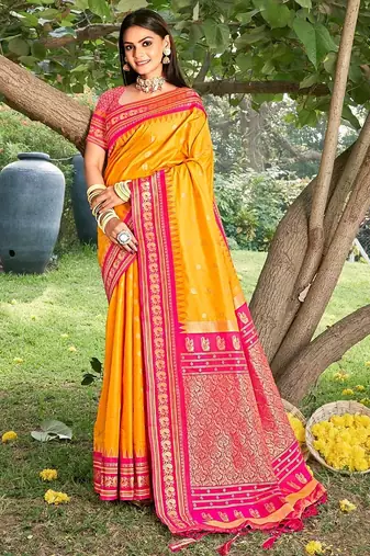 yellow color soft silk blend woven work women's beautiful saree