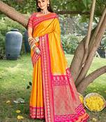 yellow color soft silk blend woven work women's beautiful saree