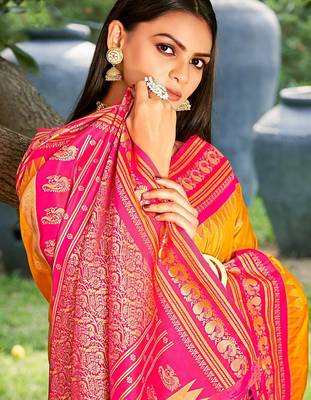 yellow color soft silk blend woven work women's beautiful saree 2