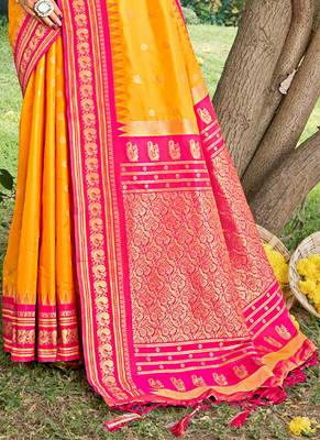 yellow color soft silk blend woven work women's beautiful saree 3