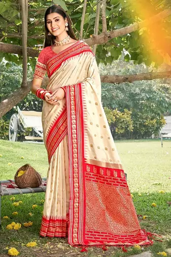 cream color soft silk blend woven work women's beautiful saree