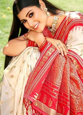 cream color soft silk blend woven work women's beautiful saree 2