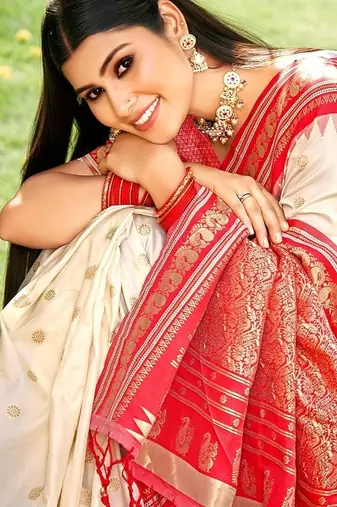 cream color soft silk blend woven work women's beautiful saree