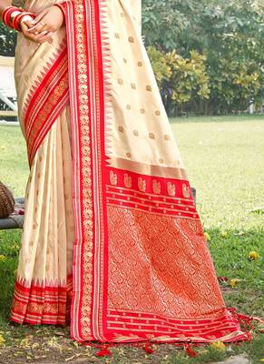 cream color soft silk blend woven work women's beautiful saree 3