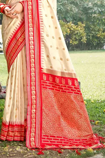 cream color soft silk blend woven work women's beautiful saree