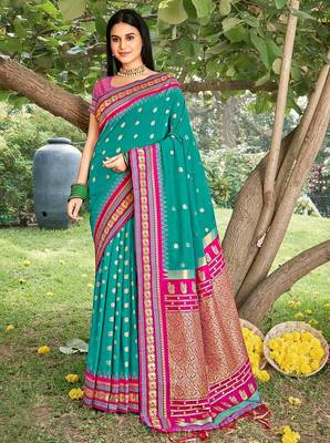 sea green color soft silk blend woven work women's beautiful saree 1