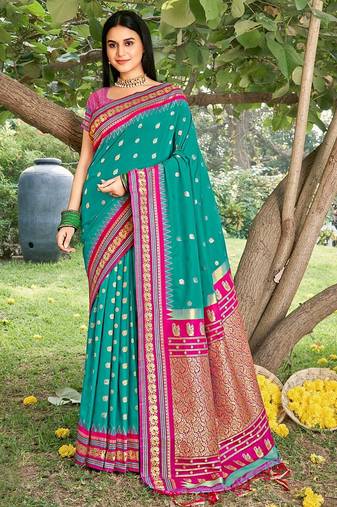sea green color soft silk blend woven work women's beautiful saree
