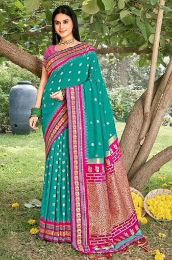 sea green color soft silk blend woven work women's beautiful saree