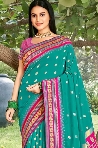 sea green color soft silk blend woven work women's beautiful saree