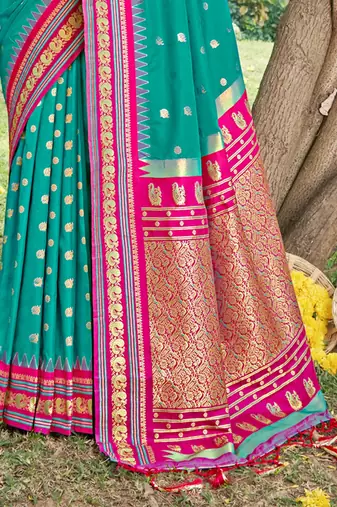 sea green color soft silk blend woven work women's beautiful saree