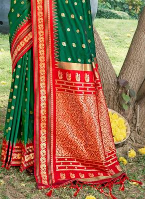 green color soft silk blend woven work women's beautiful saree 3