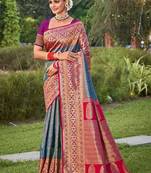 blue color banarasi silk blend woven weaving work saree